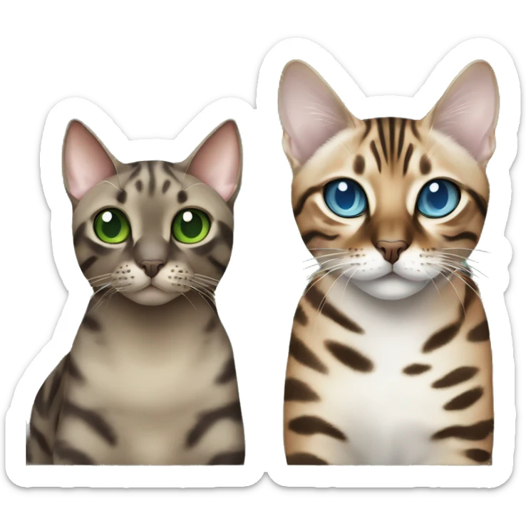 Seal Bengal cat with Blue eyes + charcoal Sepia bengal cat with Green eyes sit Next to each other  sticker