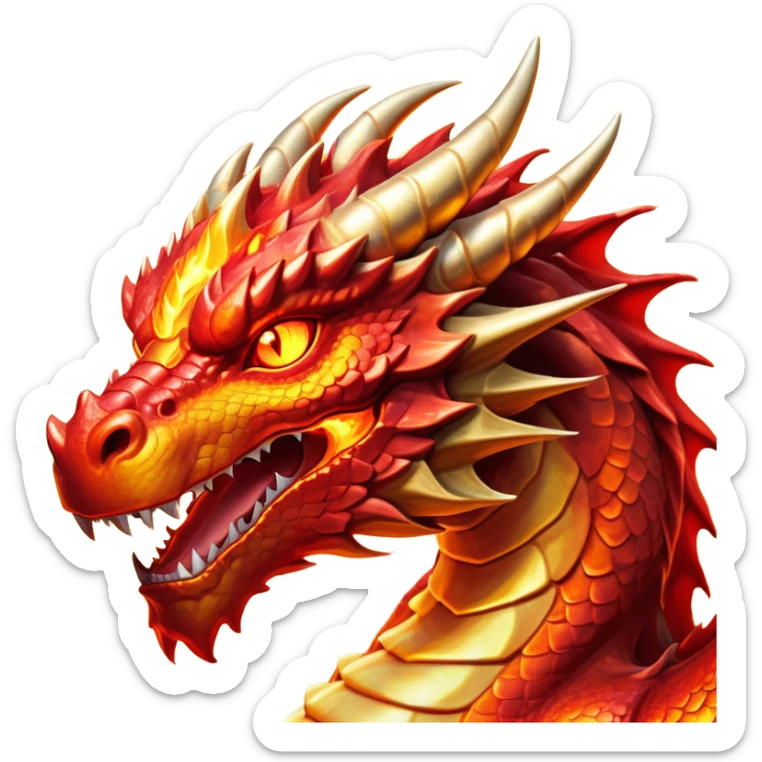 Cinematic Noble Fierce Fire Dragon Portrait Emoji, Poised and imposing, with a muscular, scaled body ablaze in fiery hues of crimson, molten orange, and molten gold, and intense, burning eyes that mirror the heart of a volcano; rendered with lifelike texture and dynamic natural highlights, high shine, formidable and intense, styled with an aura of scorching mythic power, focused and resolute, soft glowing outline, capturing the essence of a legendary inferno poised to ignite the screen with timeless ferocity! sticker