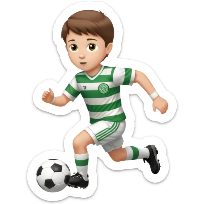 Celtic footballer jersey logo  6 years old brown hair white boy , brown eyes , stripes uniform , RUNNING  with soccer ball is number  17 celtic football logo  ONE CELTIC LOGO ONLY white shorts sticker