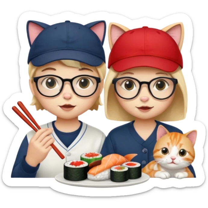 cute girl cat with glasses and a cute boy cat with a baseball cap eating sushi together sticker