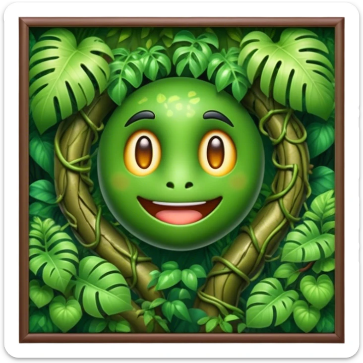Cinematic Realistic Rainforest Emoji in a wooden frame, Lush and vibrant, filled with towering trees, thick vines, and dense green foliage, sunlight filtering through the canopy above, creating dappled patches of light on the rich, diverse undergrowth. The air is heavy with moisture, with mist rising from the forest floor and distant calls of exotic birds and animals echoing through the trees. Soft glowing outline, capturing the essence of a thriving, untamed tropical paradise filled with life! sticker