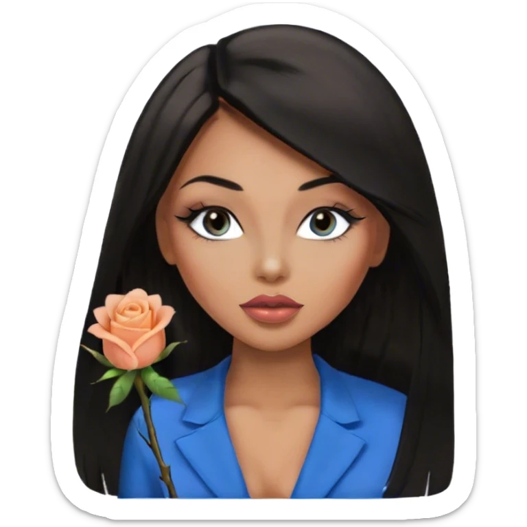 Glamours, tanned, very beautiful girl, with big pump peach-beige-rose lips, eyeliner, long lashes, black straight smooth silky long hair, straight parting hair, blue-grey eyes in black clothes for working profile sticker