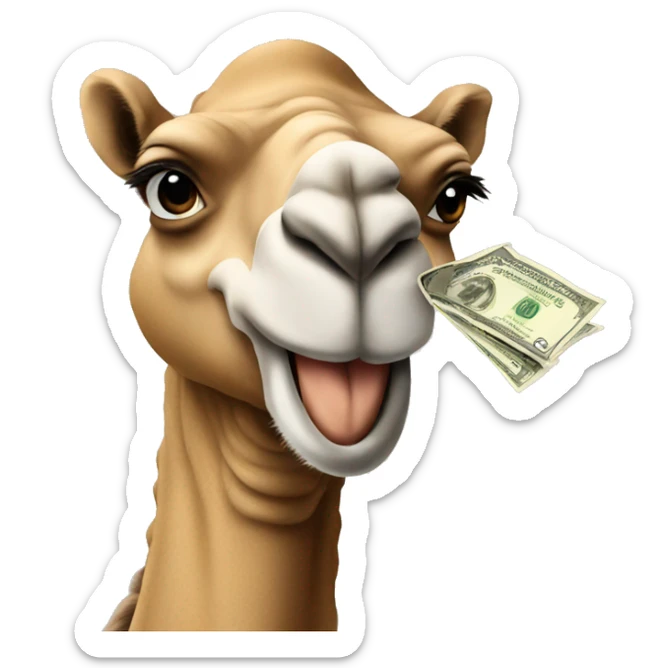 Cartoon Camel holding a money bag in the mouth, picture from front sticker