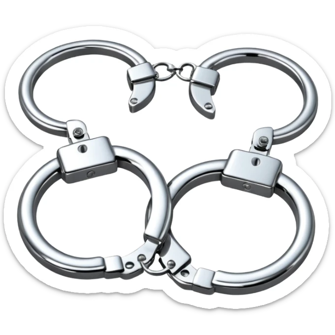 A pair of elegant handcuffs emoji made of silver chrome, smooth rounded design, glossy metallic reflections, luxury fetish aesthetic, minimal iOS emoji style, centered, clean white background sticker