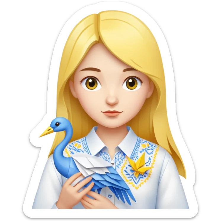 A Ukrainian young girl wearing a white embroidered shirt holds an origami yellow-blue crane sticker