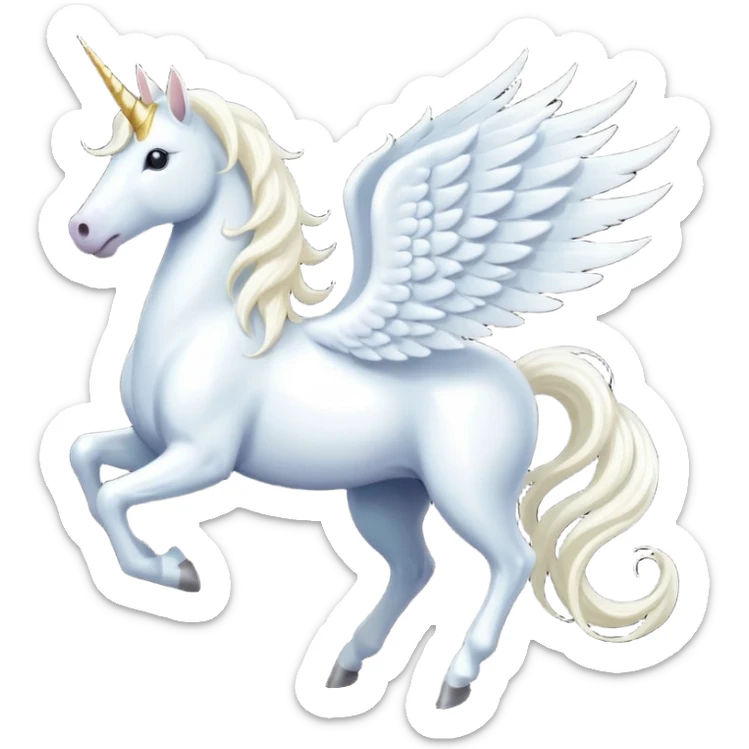 All white Cinematic Noble Unicorn with wings, slender with a flowing mane and tail and spiraled horn sticker