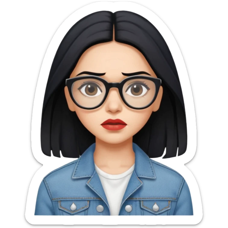generate a pretty bratz emoji 
Make her wear a white dress with a denim jacket over it. black hair side part 

She should look exactly  like Deepika padukone. wearing tiny rectangular spectacle, looking sad sticker
