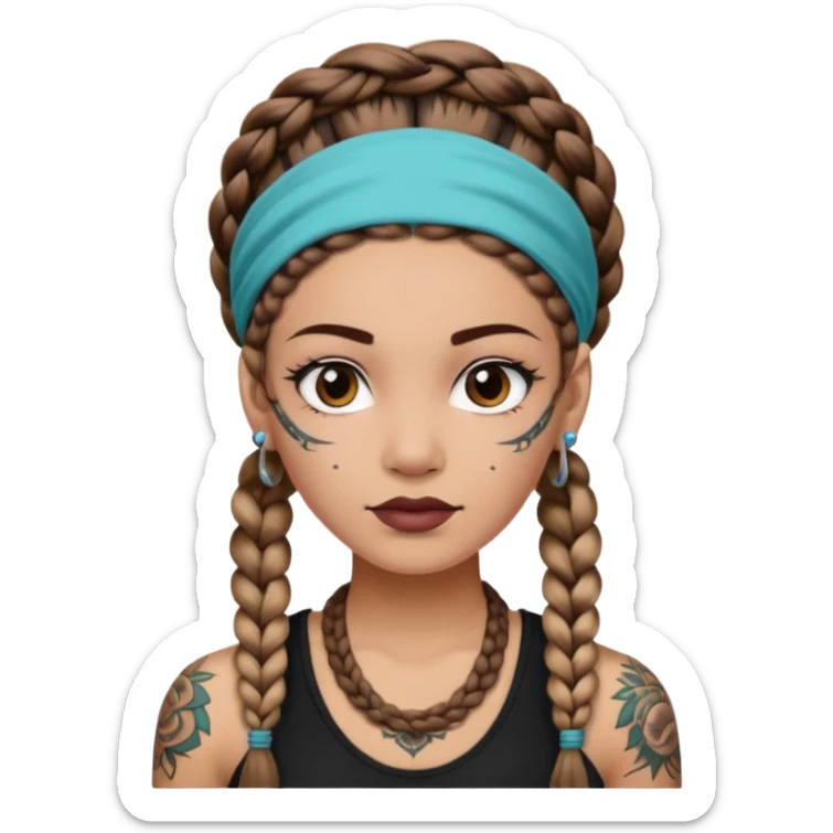 big lose braids starting from the top of the head woman face wiith big visible braids and mono color headband on head  face and braids as big as headband and lots and lots of face tattoos colored tattoos like a tattoo artist hair different color sticker