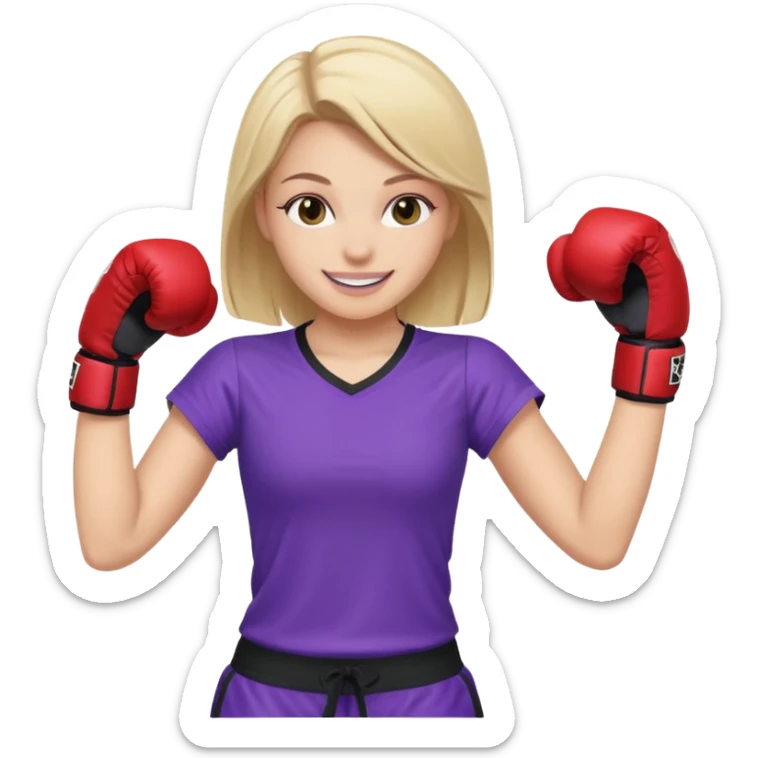 a white girl in  purple gear kickboxing smiling with a full shirt on sticker