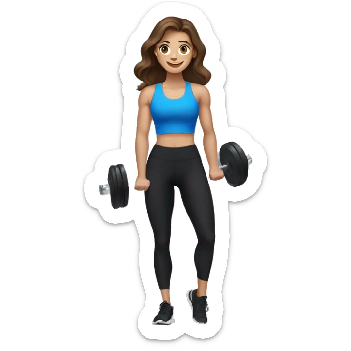 Gym girl lifting weights,brown hair blue eyes, smiling wearing black gym leggings sticker