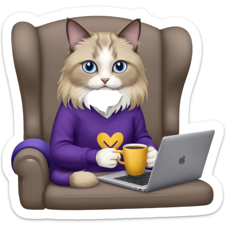 a cute blue eyed brown and white ragdoll cat with white paws and brown and beige tail wearing the dark violet sweater with yellow letteting "Milena" sitting on a grey sofa with grey laptop branded lettering "Lenovo", it` not brand Apple - only Lenovo and drinking coffee sticker