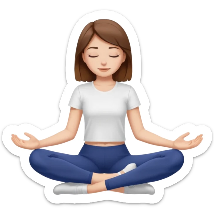 Brown haired girl with closed eyes in dark blue leggings and a white t-shirt sits on the splits sticker