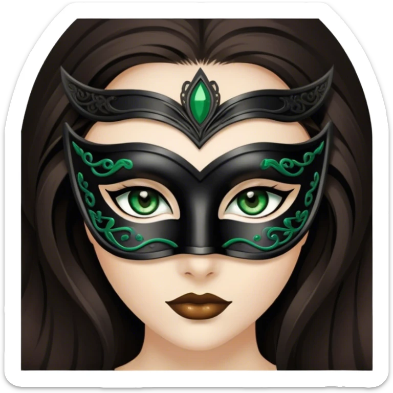 Greeneyed Woman with Long Dark brown hair wearing Black venetian mask sticker