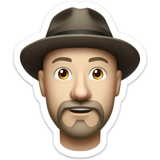 Photorealistim A plump bald man of Slavic appearance with a goatee beard and mustache, wearing a fedora hat, big details sticker