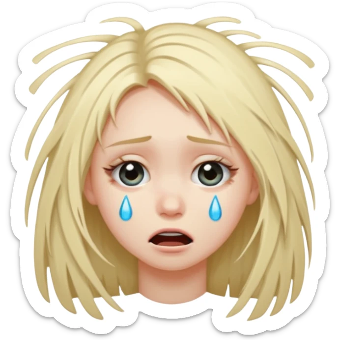 A girl pouring her eyes out crying so hard and pulling off her hair so bad cutting it sticker