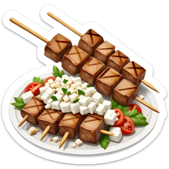 Souvlaki Cinematic Realistic Souvlaki Dish Emoji, depicted as skewered, grilled meat served with a side of crumbled feta cheese, rendered with rich textures and dynamic, appetizing lighting. sticker