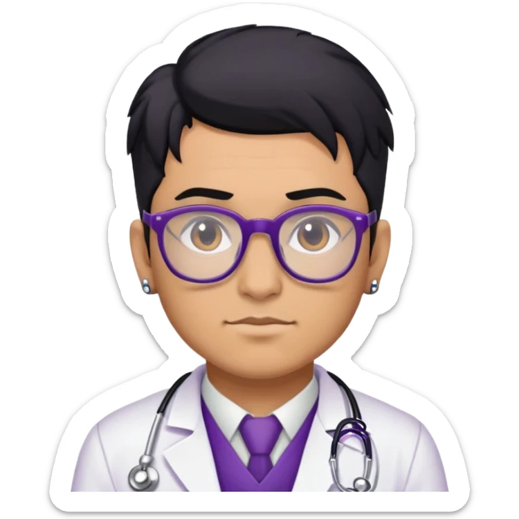 Male doctor tan skin glasses black hair, piercings and tattoos, violet uniform and white bata sticker