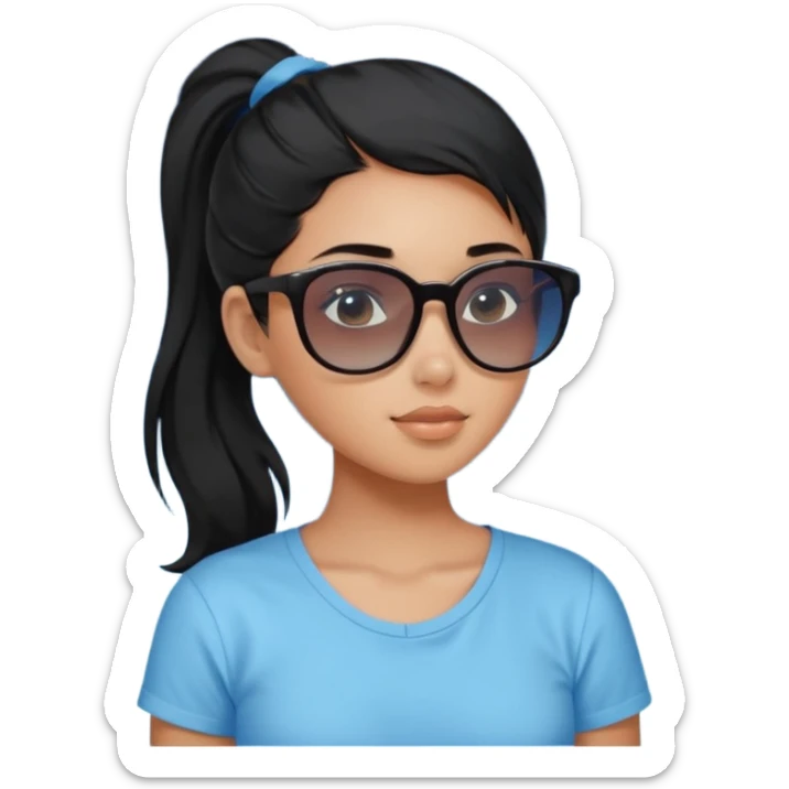 An Emoji of girl with black ponytail hair, who can be described by three words: sun, moo, star sticker