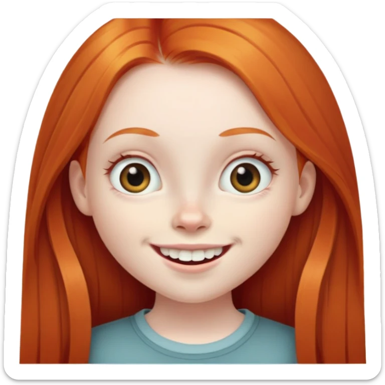 traditional emoji of young girl with very pale skin, long straight bright ginger red hair, very big wide human eyes positioned close together, wide nose, big smile with extremely large prominent teeth showing, classic round face sticker