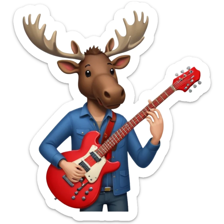  A man with the head of a moose playing a red electric guitar in Alaska. Give him a dark vibe and an attitude sticker
