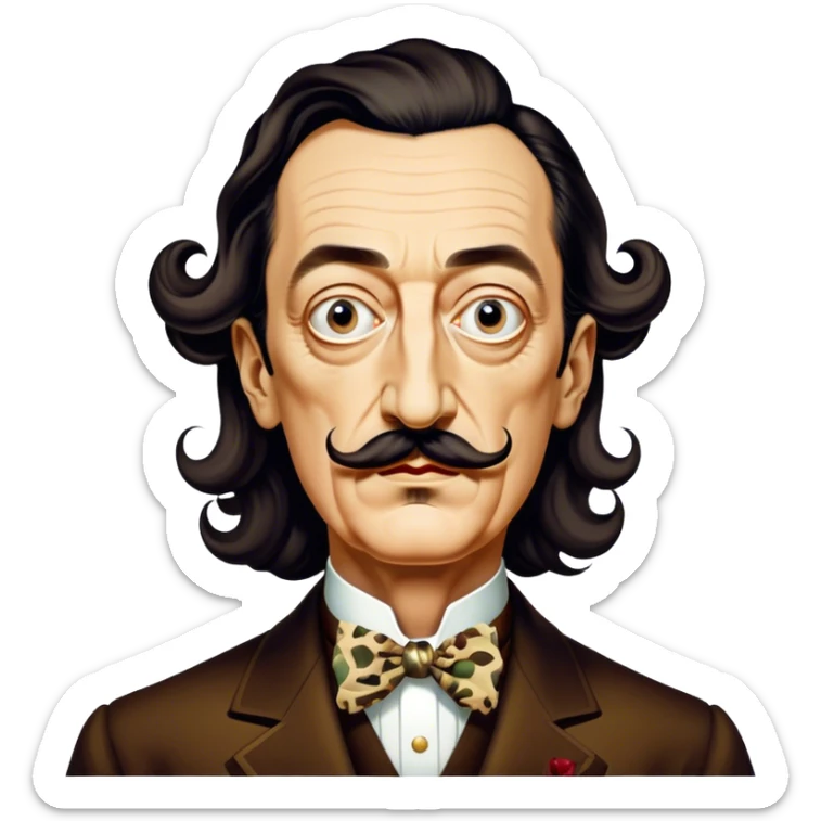 Cinematic Realistic portrait of Salvador Dalí, depicted as a surrealist artist with eccentric, expressive features and his iconic mustache, rendered with vibrant, imaginative lighting and richly detailed period attire that capture his avant-garde essence. sticker