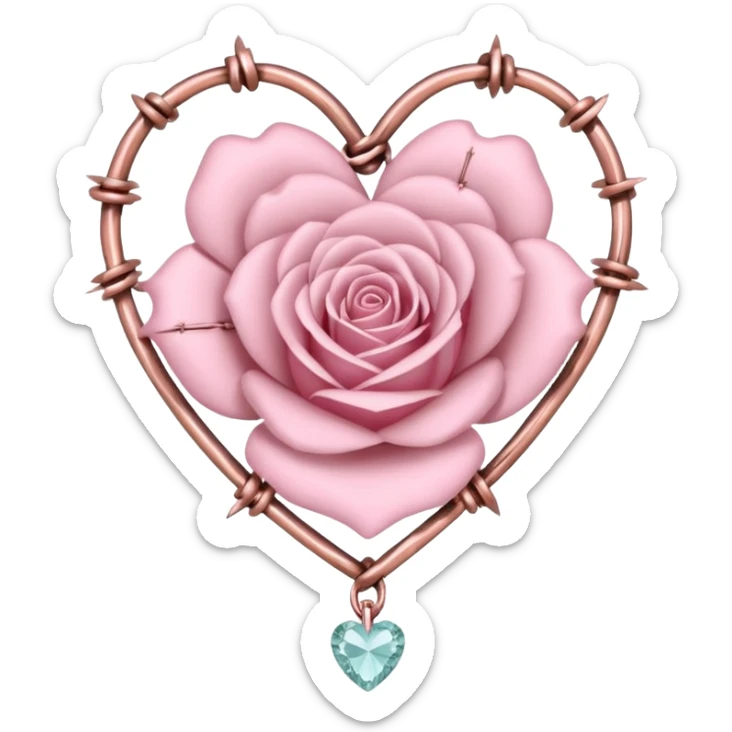 Metal Rose-gold heart shape barb wires and with chains and crystals and pastel pink roses adorning it sticker