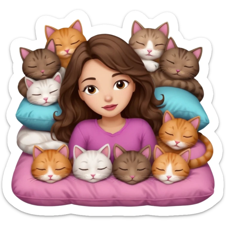 girl with long wavy brown hair, brown eyes, long lashes makeup, sexy pink lips, light to medium complexion,  sleeping on a cozy pillow, with 6 cats, sleeping sticker