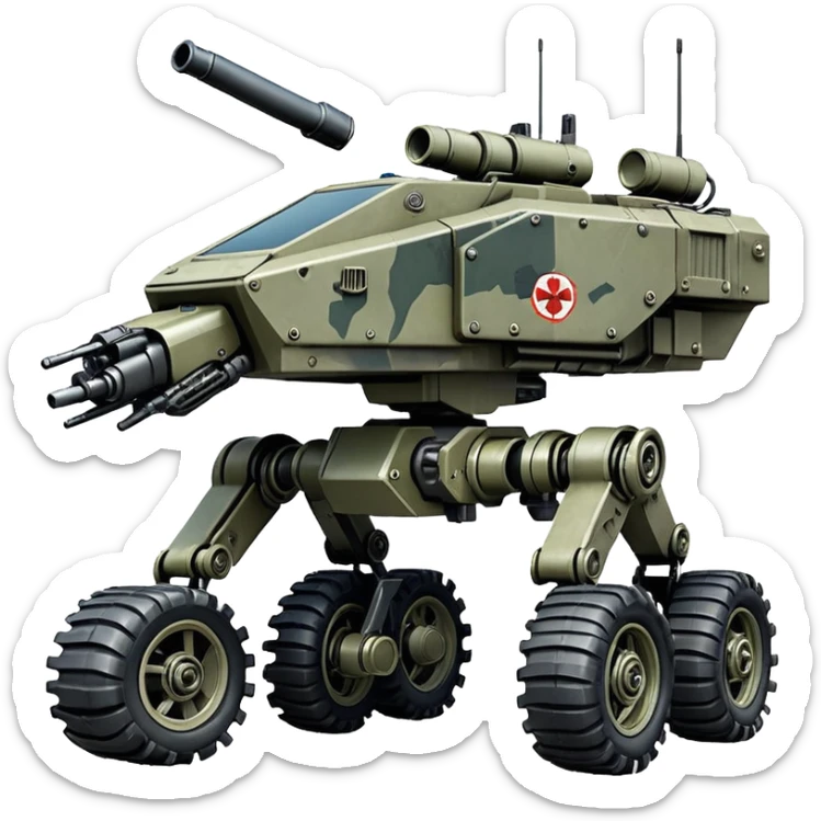 a roomy American 4-wheel armored medical personnel stealth camouflage army massive mech trail vehicle shooting forward side-hill leaning actively robotically articulating hydraulic independent suspended pod gimbal enemy mech off-road racing rover with large fast engine RC basher crawler megatron  sticker