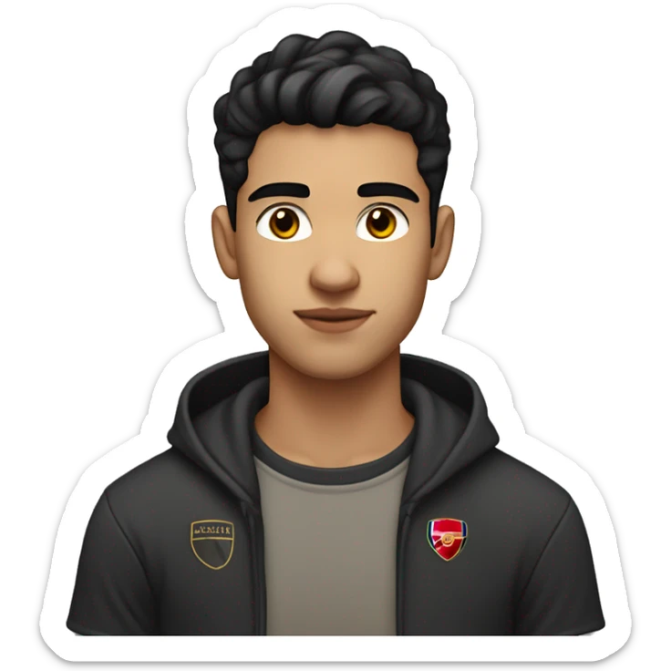 white skin 22 years old male with black hair and standard haircut also with brown eyes. Wearing an Arsenal t-shirt. Portrait mode emoji  sticker