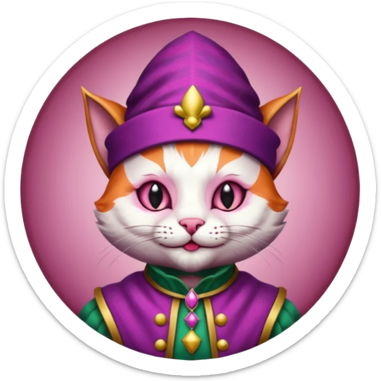 court jester cat medieval, single poker card joker clearly visible, pink, face only, round badge, court jester cap sticker