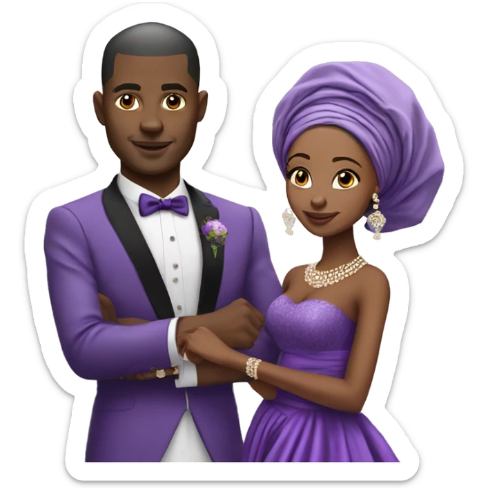 African bride and groom. Purple gele head wrap with purple off shoulder dress. No Turban sticker