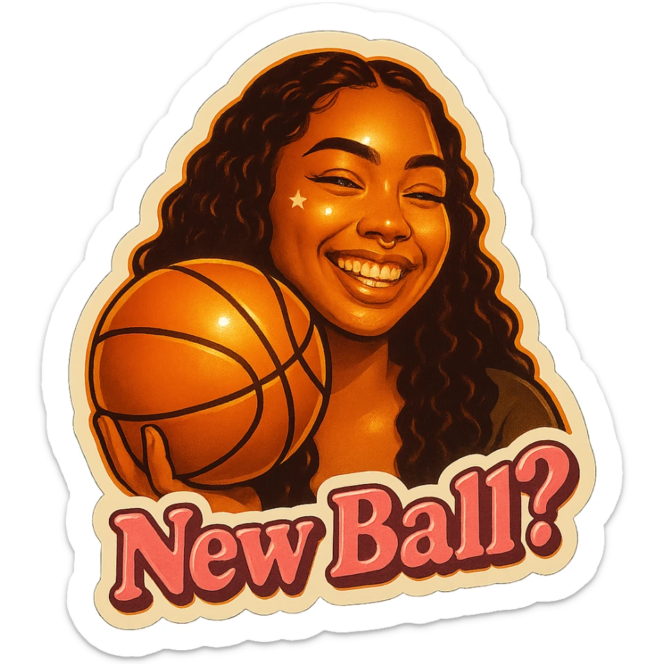Grin golding a Basketball
add the words New Ball? in pink sticker