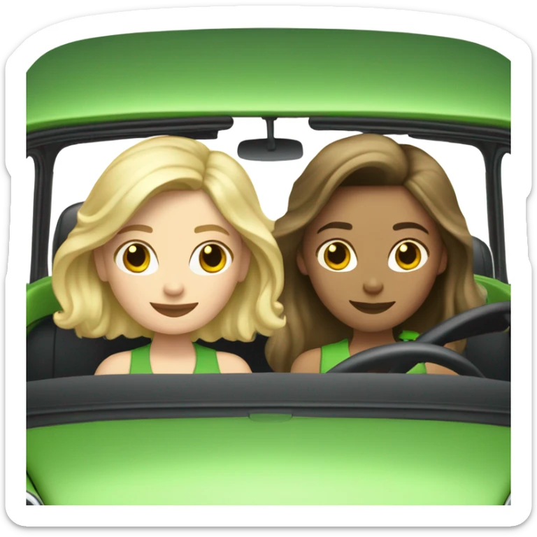 Two Caucasian, blonde girls and two Caucasian brunette girls in a green VW beetle convertible sticker