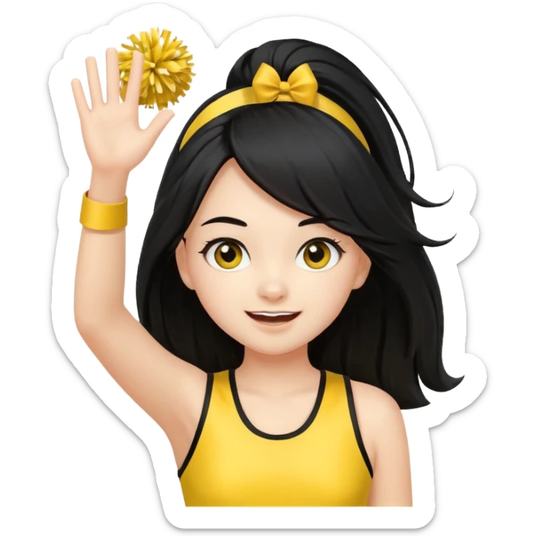 A long black hair teen girl waving pom-poms, eyes sparkling with excitement, yellow cheer leader top sticker