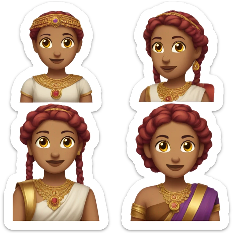 Indian woman with purple eyes, brown short hair with red braids and a gold circlet sticker