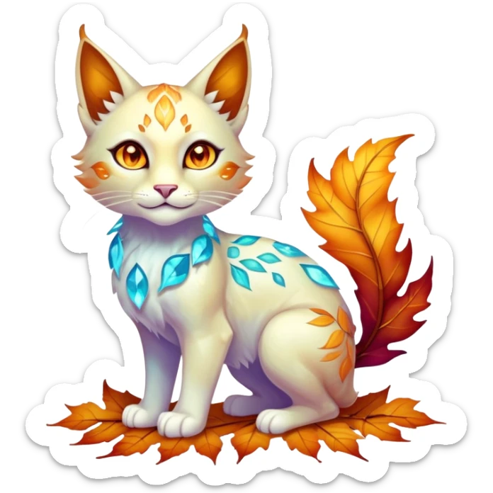 This fascinating hybrid creature combines the crystalline structure of a feline with the warm autumn foliage of a leaf being. Its core body maintains the sleek shape of a cat but is composed of translucent crystals that shift between turquoise blue and amber-orange hues. The creature's face features a blend of feline features with the gentle expression of the leaf being – sharp crystalline ears frame a round, friendly face with glowing purple-amber eyes. Most striking is how autumn leaves emerge from its crystalline body, forming a mane-like collar around its neck and sprouting along its spine and tail. These leaves shimmer with both crystalline properties and natural autumn colors – orange, gold, and deep red – with visible veining that occasionally pulses with energy. When the creature moves, the leaves rustle softly while the crystal body catches light, creating a mesmerizing display of nature and gemstone elements. full body sticker