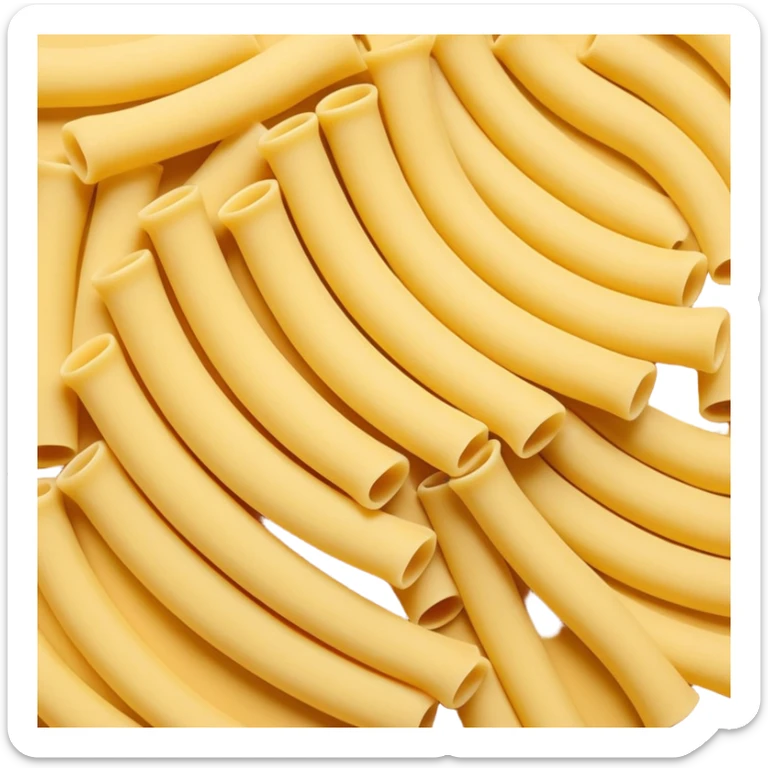 loose scatter of uncooked elbow-shaped pasta tubes in pale golden yellow, smooth matte texture, slightly curved forms, cleanly cut edges, surfaces subtly ribbed or plain, no plate, sauce, or packaging, soft lighting, subtle shadows, emoji scale sticker