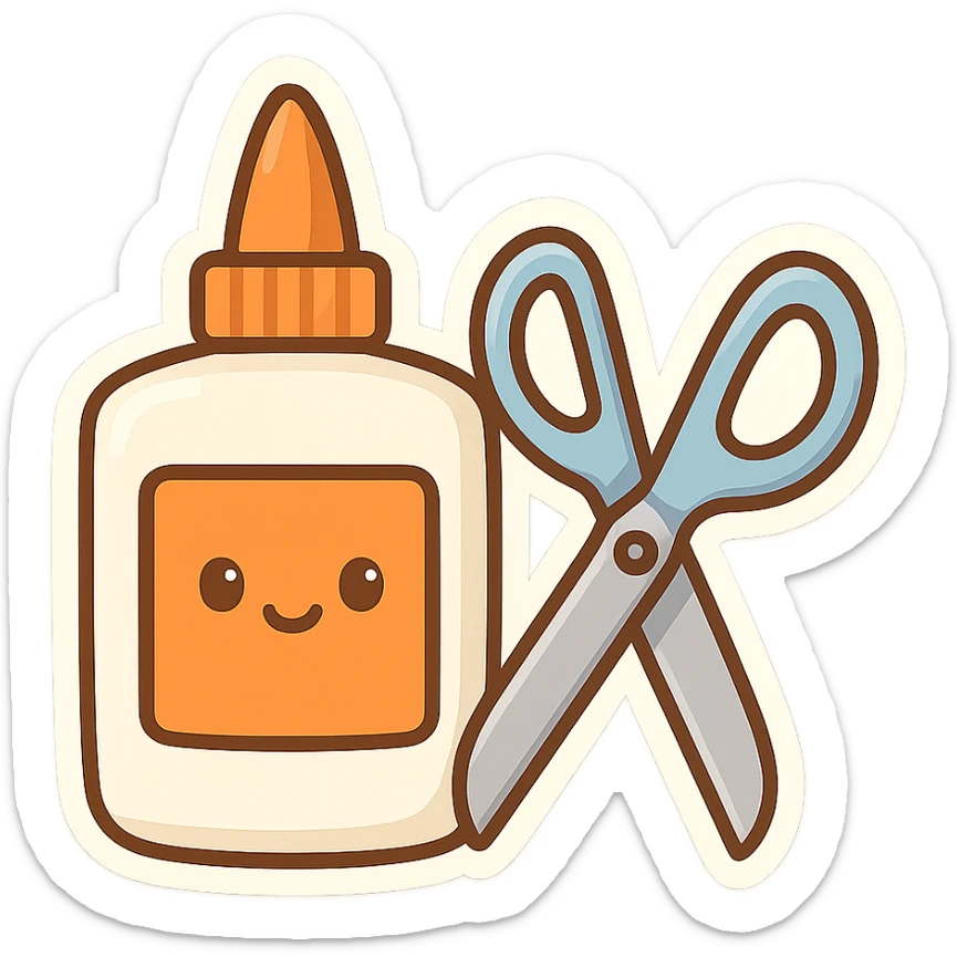 bottle of glue with orange label and tip and a pair of blue scissors, flat toon vector illustration sticker