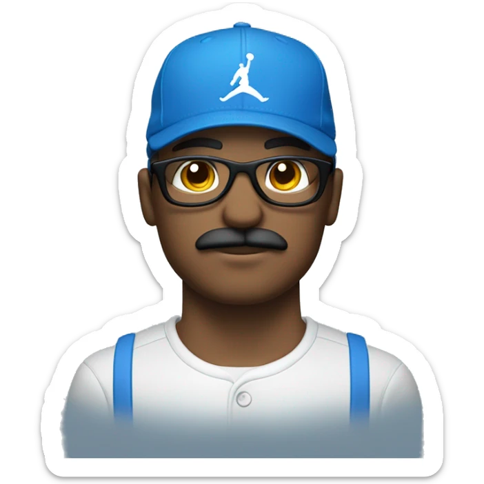 Homme blanc avec une moustache portant des lunettes bleues , une casquette jordan bleu , un survêtement bleu sticker