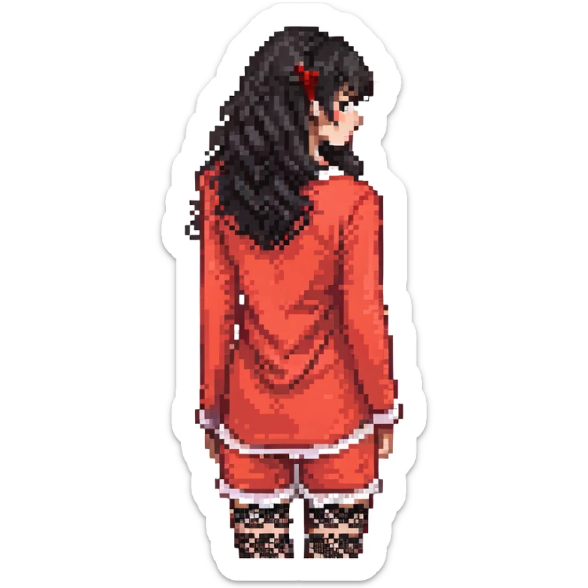 Girl from behind, wearing a red pajama with black and white lace, with curly black hair sticker