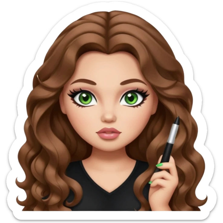  long brown wavy hair, light skin, green eyes, pretty bratz baddie, big plus size , black eyeliner, blush sticker