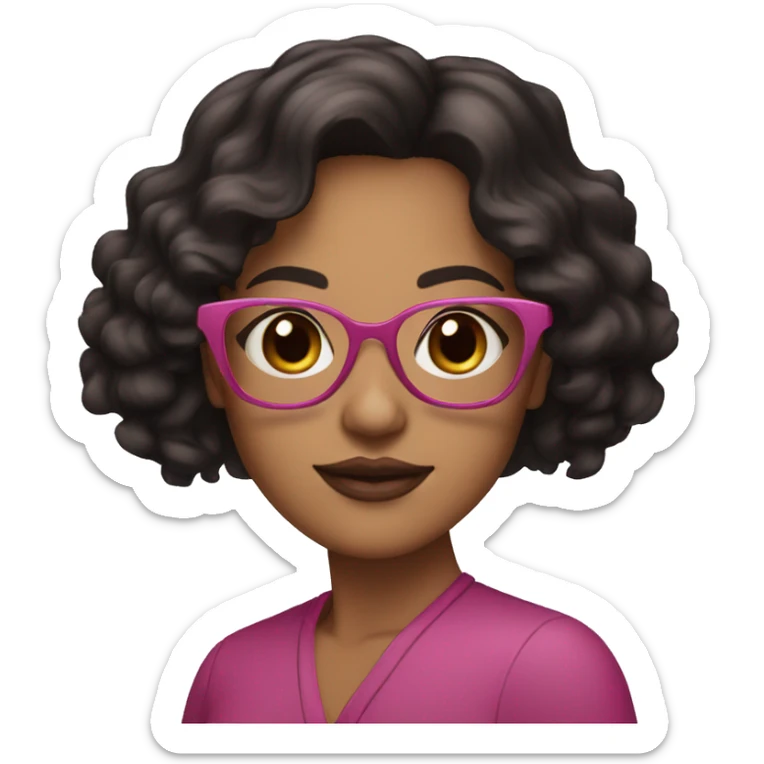 brunette woman with brown eyes, black, wavy hair, with pink glasses and short pink lips sticker