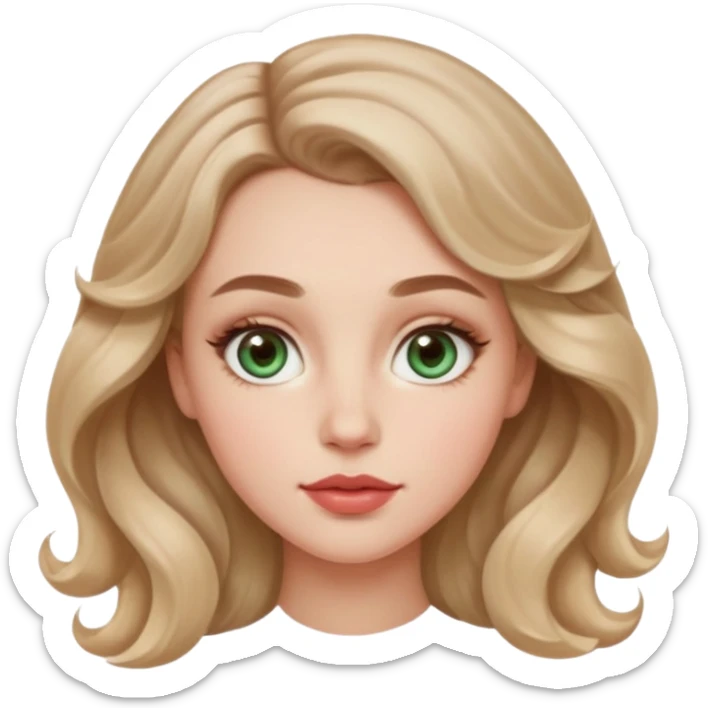Generate an emoji of a white girl with a round face structure, light brown almost blonde loose curls, large forehead, brown arched brows, almond big green eyes with a lil blue in them, large rosy cheekbones and big rosy lips and a jawline sticker