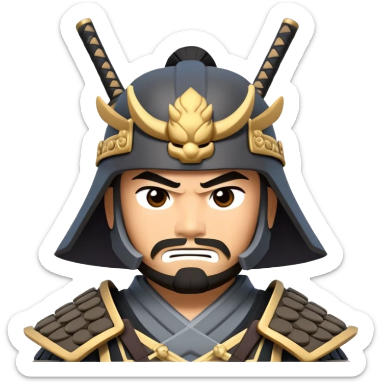 clash-of-clans-aesthetic_-cinematic-fearsome-and-majestic-samurai-bust-portrait-emoji, rendered in a flat, vector-style with minimal shading and bold, simplified shapes typical of emoji art, depicting a battle-hardened samurai with steely eyes and traditional black Japanese armor. The samurai is riding a noble grey warhorse adorned with an intricately designed saddle and fluttering banners, against a backdrop of cherry blossoms and a rising sun. sticker