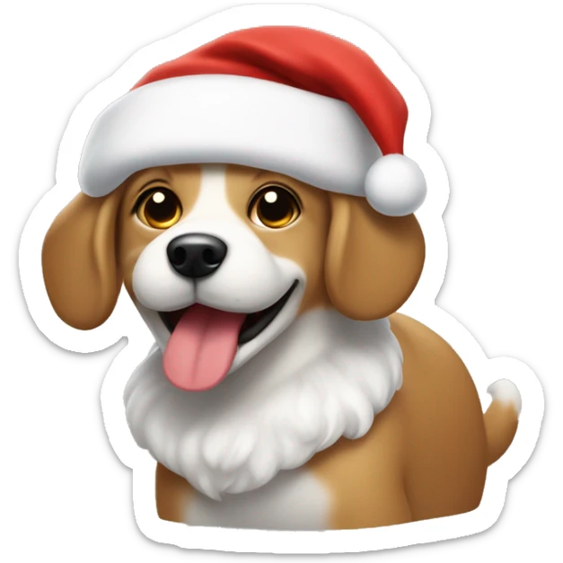 Small happy Tan dog with a white chest and nose strip, floppy ears, wearing a Santa hat sticker