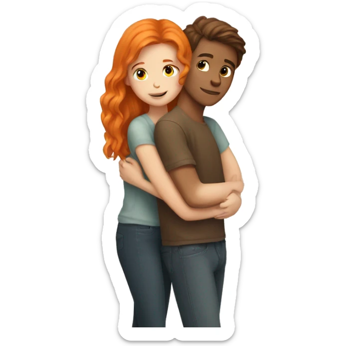 white boy with brown hair hugs a orange hair girl sticker
