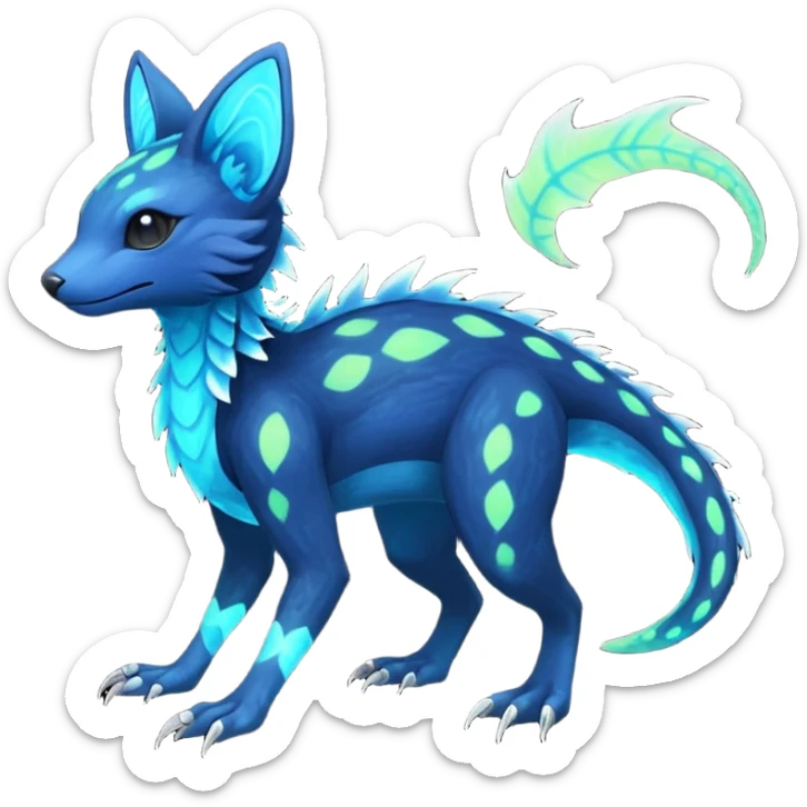 Rare realistic dark-neon glowing bioluminescent edgy badass epic pretty beautiful handsome gorgeous aesthetic colorful vibrant Vernid-Trico-species-Fakemon-creature by LiLaiRa, 4 legs, 1 tail, random markings, (full body) sticker