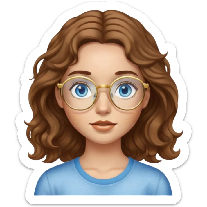 Girl with light skin, wavy brown hair, blue eyes, freckles, and gold glasses sticker