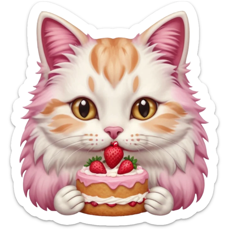 Close-up portrait of a fluffy cat eating a strawberry cake, pink cream on its nose and whiskers, detailed fur texture, soft natural light, shallow depth of field, high resolution, cute and candid moment
, sticker