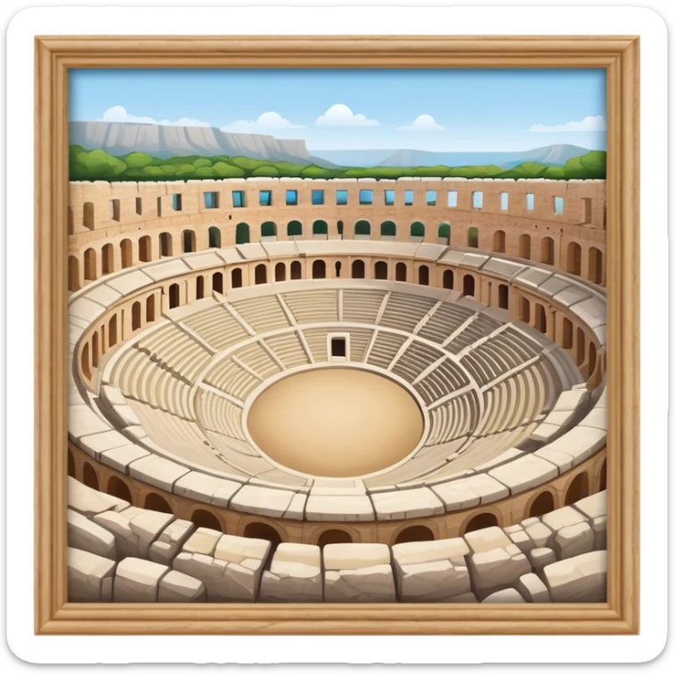 Cinematic Realistic Pula Arena Landmark Emoji, showcasing the ancient Roman amphitheater rendered with detailed weathered stone textures and dramatic lighting. sticker